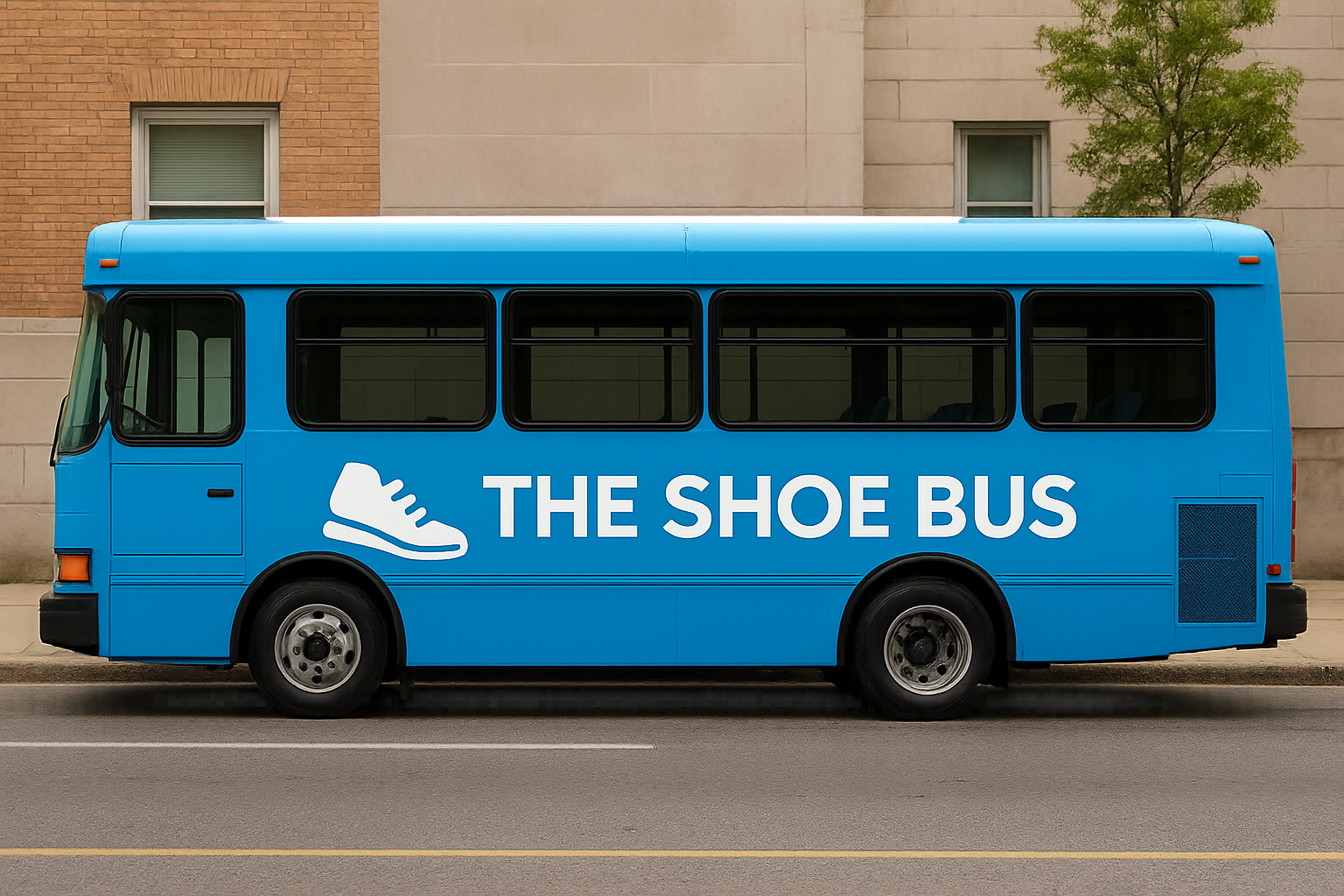 A blue bus with my logo on the side of it